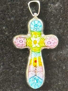 L👀K. DOUBLE SIDED Alan K Enamel Floral Cross Pendant in Pastels/Black